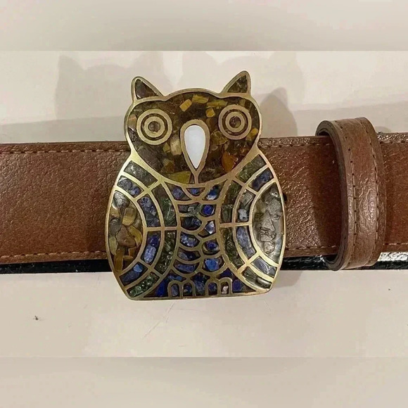 Vintage Owl Buckle Metal‎ Inlaid Stones in Belt Size L - Picture 1 of 5